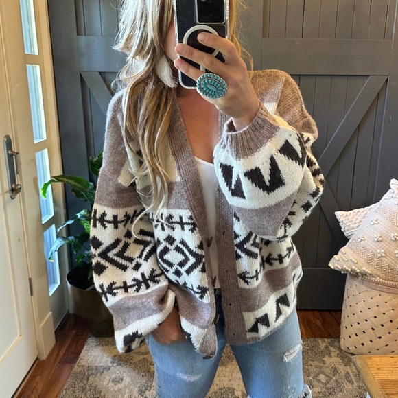 New Aztec Print Native Knit Wool Cardigan Sweater Button Front V-Neck Cozy Boho - Picture 3 of 8